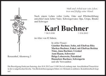 Traueranzeige von Karl Buchner von Pegnitz-Zeitung